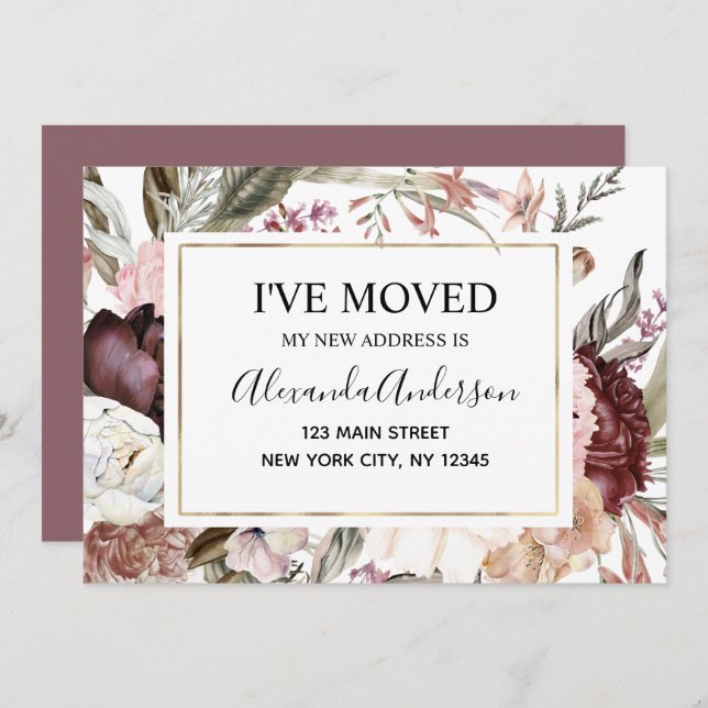 Moving Announcement Boho Mauve Floral (Front/Back)