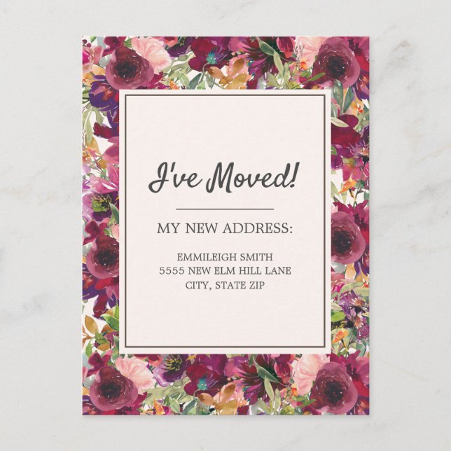 Moving Announcement Burgundy Blush Pink Floral Postcard (Front)