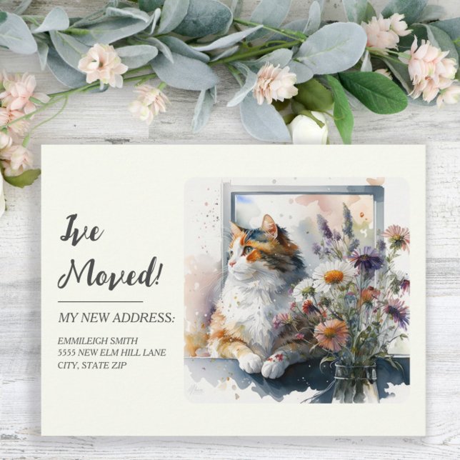 Moving Announcement Calico Cat Daisies Lavender Postcard (Creator Uploaded)