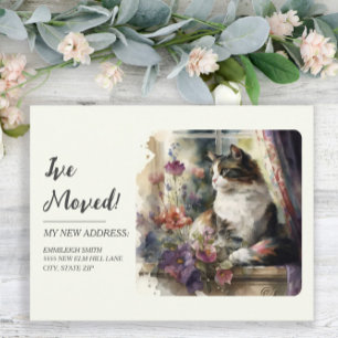 Moving Announcement Cat Window Purple Flowers Postcard