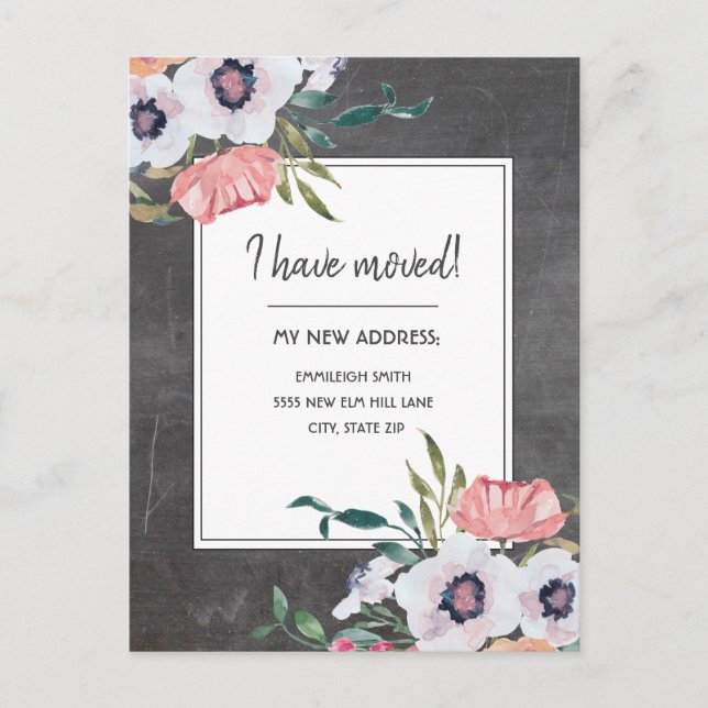 Moving Announcement Chalkboard Pink White Floral Postcard (Front)