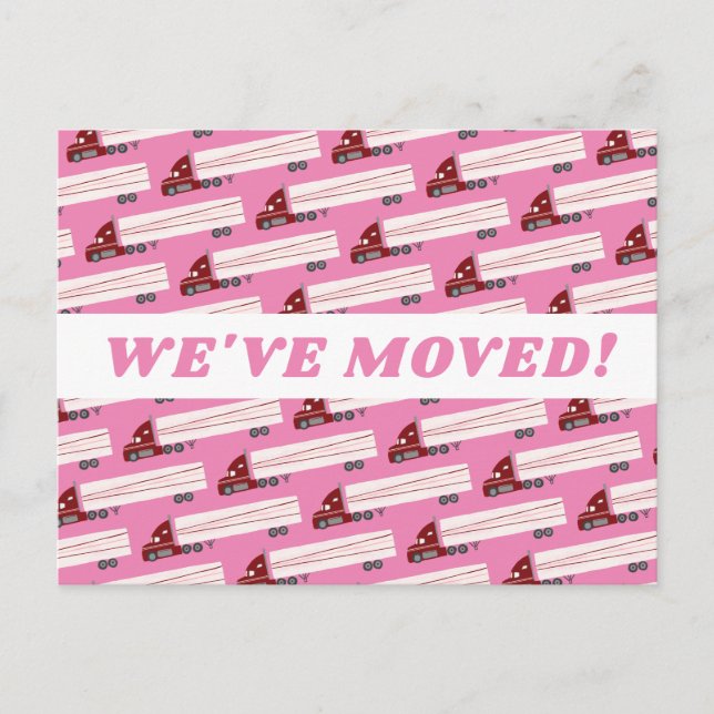 MOVING ANNOUNCEMENT Colourful Cute Big Trucks Pink Postcard (Front)