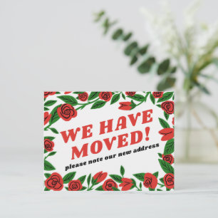MOVING ANNOUNCEMENT Colourful Red Rose Frame Custo Postcard