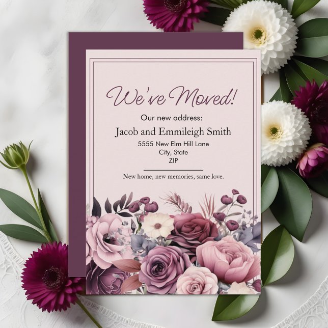 Moving Announcement Couple Purple Pink Floral  (Purple and pink watercolor floral moving announcement)