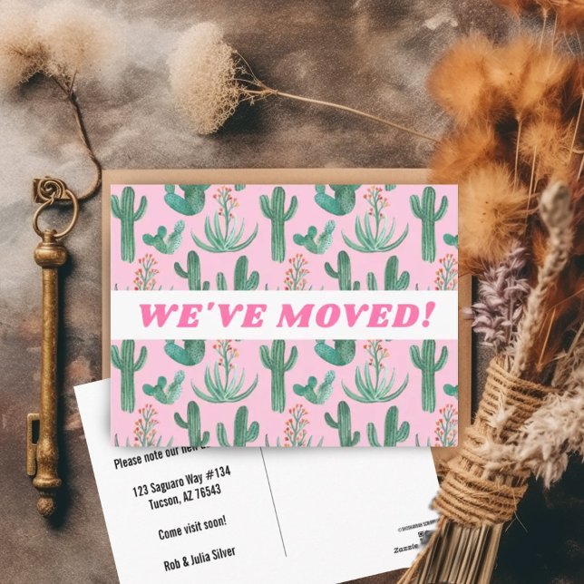 MOVING ANNOUNCEMENT Desert Cactus Watercolor Pink Postcard (Cute watercolor cactus pattern on this custom moving announcement address change postcard)