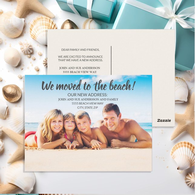 Moving Announcement Family Photo Beach Postcard (Beach/coastal moving announcement/change of address postcard)