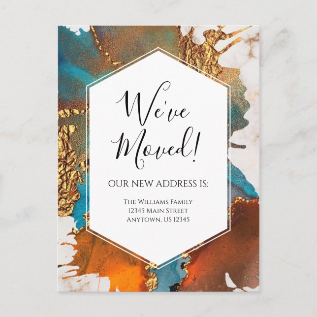 Moving Announcement Gold Blue Marble Ink Modern Postcard (Front)