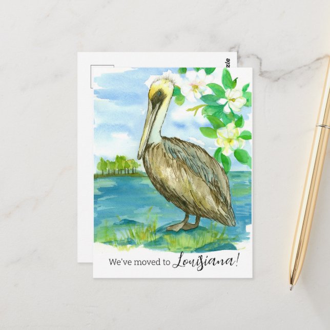 Moving Announcement Louisiana Pelican Magnolia Postcard (Front/Back In Situ)