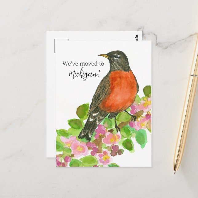 Moving Announcement Michigan Robin Apple Blossom Postcard (Front/Back In Situ)