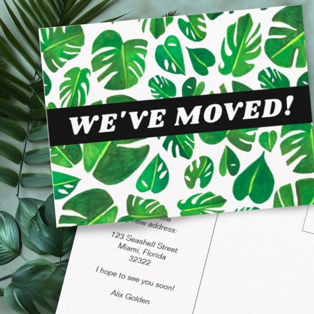 MOVING ANNOUNCEMENT Monstera Watercolor Botanical Postcard (Colorful watercolor gouache monstera leaves botanical address change moving postcard)