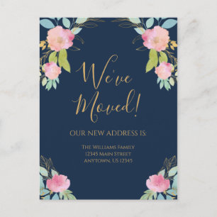 Moving Announcement Navy Blue Pink Flowers Postcard
