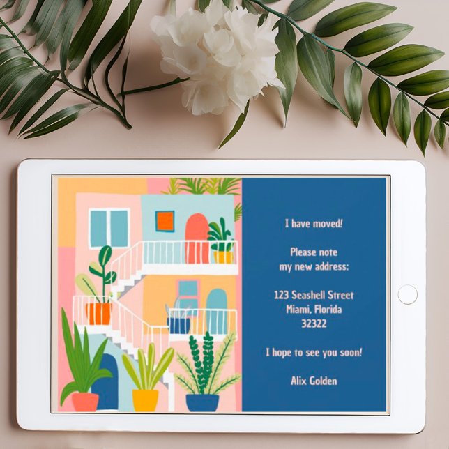 Moving Announcement New Address Colourful Apartmen (Moving announcement digital download - tropical colorful apartment address change card)
