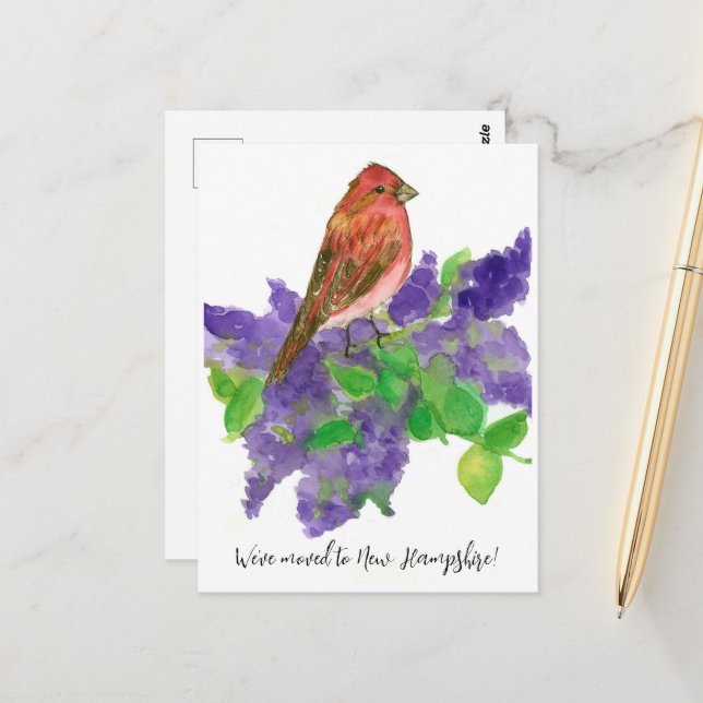 Moving Announcement New Hampshire Finch Lilac Postcard (Front/Back In Situ)