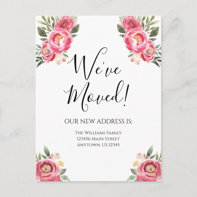 Moving Announcement Pink Peonies Flowers Floral Postcard (Front)