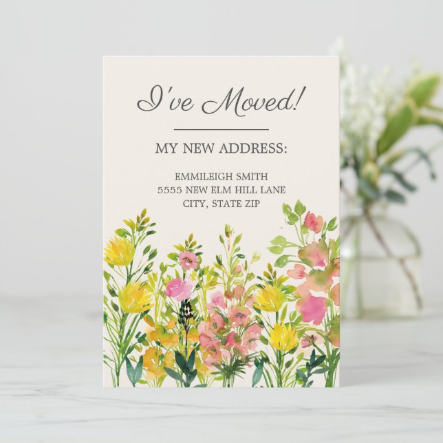 Moving Announcement Pink Yellow Watercolor Floral (Standing Front)