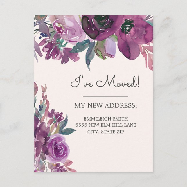 Moving Announcement Purple Watercolor Floral Cream Postcard (Front)