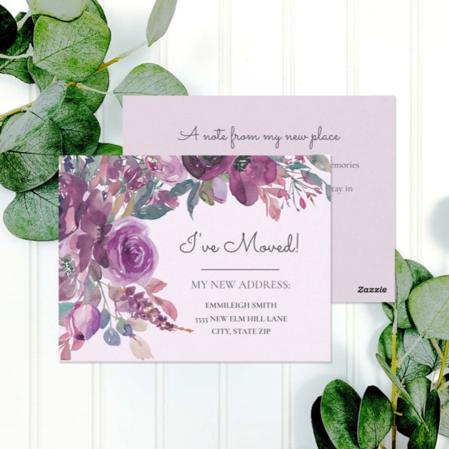 Moving Announcement Purple Watercolor Floral  Postcard (Elegant purple watercolor floral moving announcement)