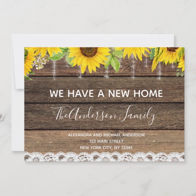 Moving Announcement Rustic Sunflower Wood (Front)