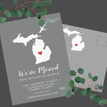 Moving Announcement State MICHIGAN Post Card<br><div class="desc">Moving Announcement | State MICHIGAN Modern moving announcement featuring the state of MICHIGAN, with a red heart & aeroplane set on a grey background. The background colour can be changed easily by clicking personalise and then click to customise further to view our colour picker. From there you can also move...</div>