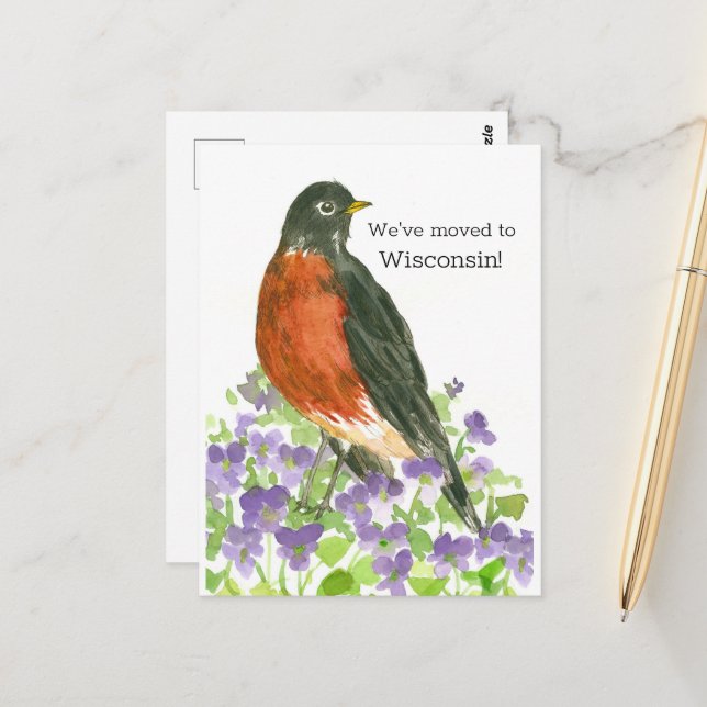 Moving Announcement Wisconsin Robin Violets Postcard (Front/Back In Situ)