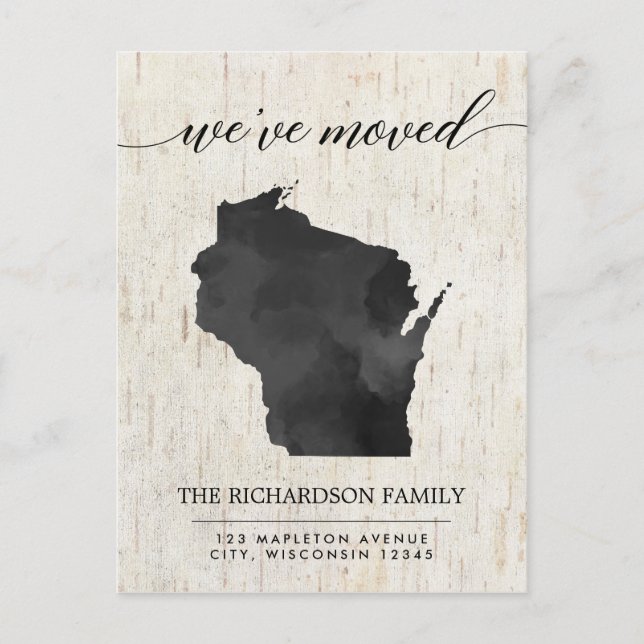Moving announcement, Wisconsin state rustic Invitation Postcard (Front)