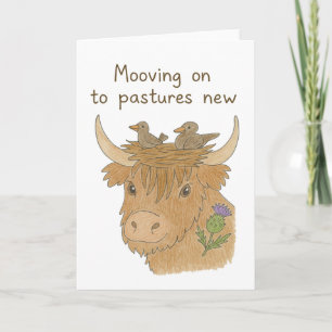 moving onto pastures new highland cow and birds card