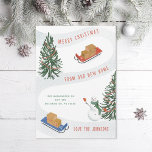 Moving Sleds Winter Snowman Moving Announcement<br><div class="desc">Original illustration of a snowy scene with sleds moving boxes and a waving snowman on a hillside; the year abbreviation on the box to the left of the name. Optional photo and area for message on the back,  or customise the design further to remove the photo.</div>