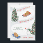 Moving Sleds Winter Snowman Moving Announcement<br><div class="desc">Original illustration of a snowy scene with sleds moving boxes and a waving snowman on a hillside; the year abbreviation on the box to the left of the name. Optional photo and area for message on the back,  or customise the design further to remove the photo.</div>