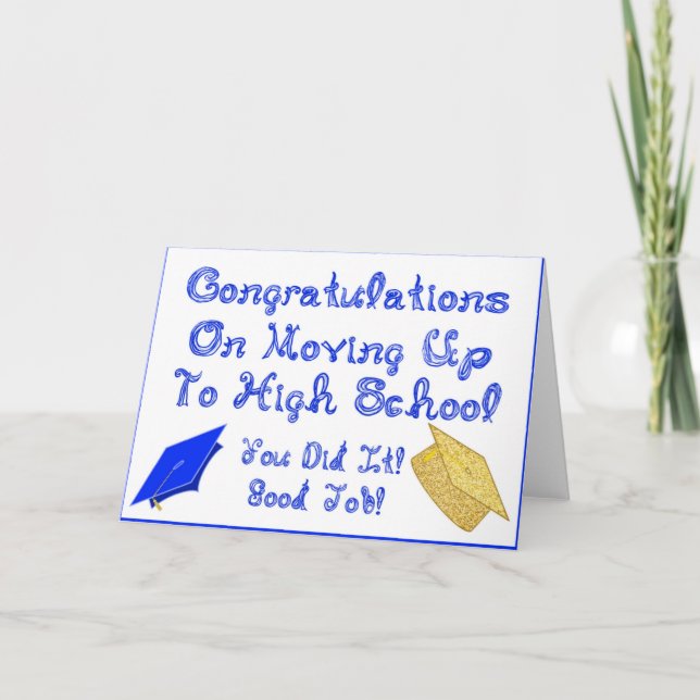 Moving Up To High School Graduation Card Blue Cap (Front)