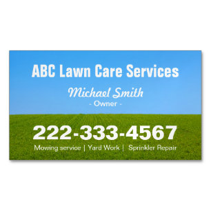 Mowing Lawn Care Green Field Grass Blue Sky Magnetic Business Card