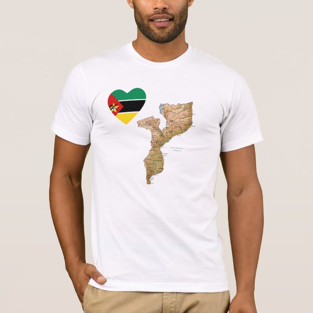 Mozambique Flag Heart and Map T-Shirt (Front)
