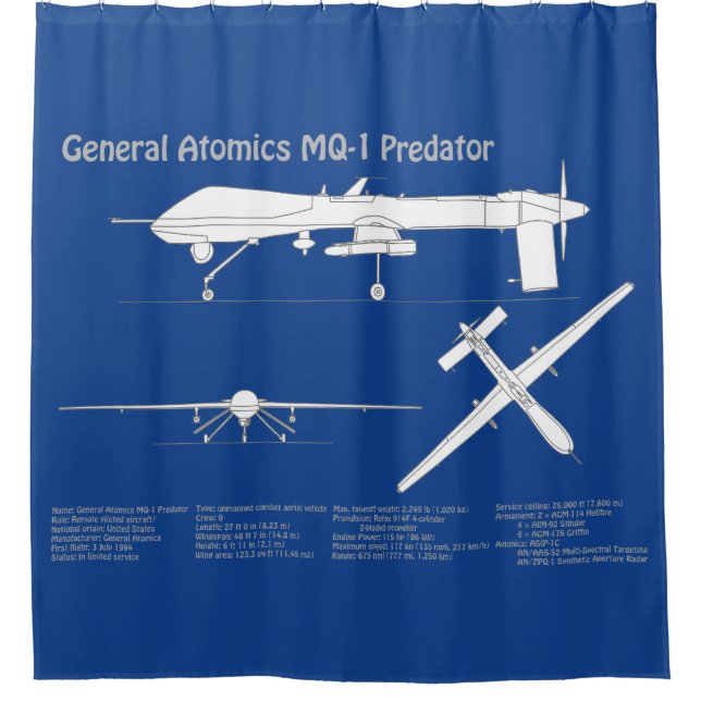 MQ-1 Predator  UAV- Aeroplane Blueprint ABD Shower Curtain (Front)