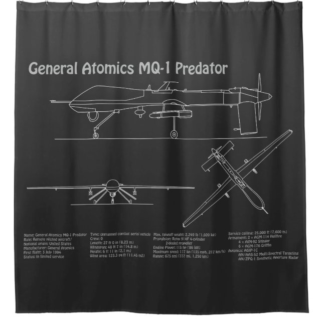 MQ-1 Predator  UAV- Aeroplane Blueprint PD  Shower Curtain (Front)