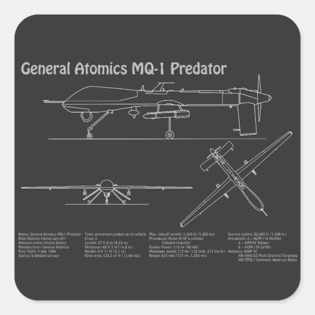 MQ-1 Predator  UAV- Aeroplane Blueprint PD  Square Sticker (Front)