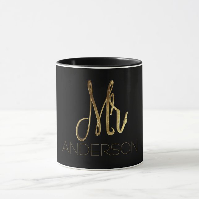 Mr Add Name Black and Gold Elegant Typography Mug (Center)