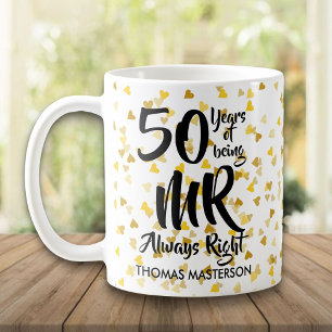 Mr Always Right Fun 50th Anniversary Gold Hearts Coffee Mug