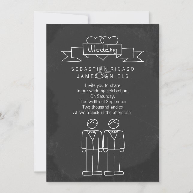 Mr and Mr Doodle Chalkboard Gay Wedding Invitation (Front)
