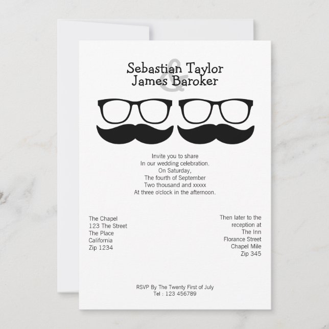 Mr and Mr Moustache And Glasses Wedding Invitation (Front)