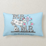 Mr and Mr Personalised Gay Wedding Gift Lumbar Cushion<br><div class="desc">A special wedding gift on a special day for the happy gay couple; this cute word art pillows, "MR and MR" with a cute pair of love birds and bird house in pink and blue. Don't forget to personalise it with the date of the wedding and their name or initials...</div>