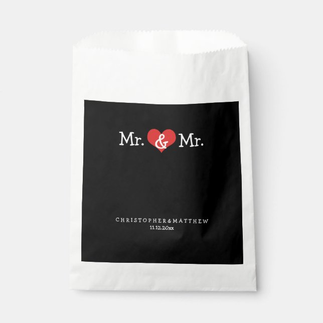 Mr and Mr Red Heart Wedding Personalised Favour Bags (Front)