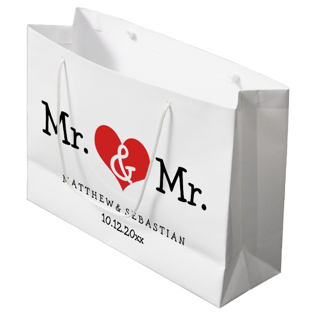 Mr and Mr Red Heart Wedding Personalised Large Gift Bag (Front Angled)
