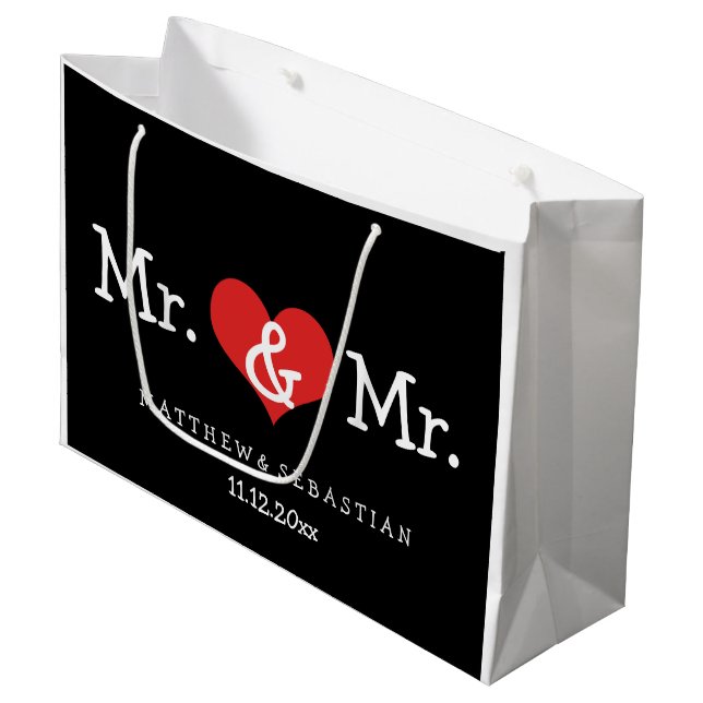 Mr and Mr Red Heart Wedding Personalised Large Gift Bag (Front Angled)