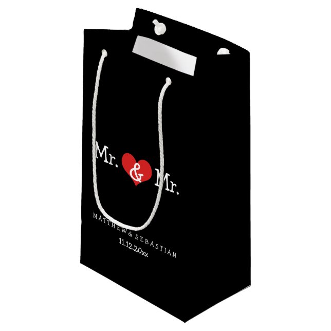 Mr and Mr Red Heart Wedding Personalised Small Gift Bag (Front Angled)