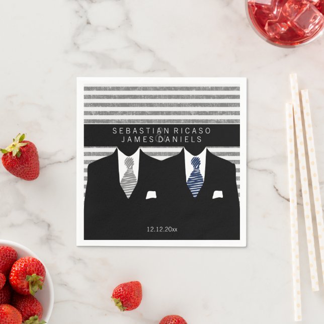 Mr and Mr Suit and Grey Blue Ties Gay Wedding Napkin (Insitu)