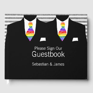 Mr and Mr Suit and Rainbow Ties Gay Wedding Custom Guest Book