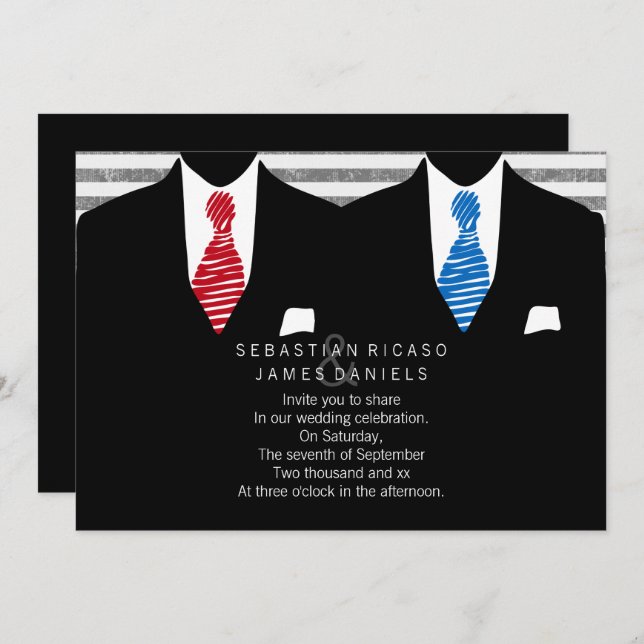 Mr and Mr Suit and Tie Gay Wedding (Blue Red) Invitation (Front/Back)