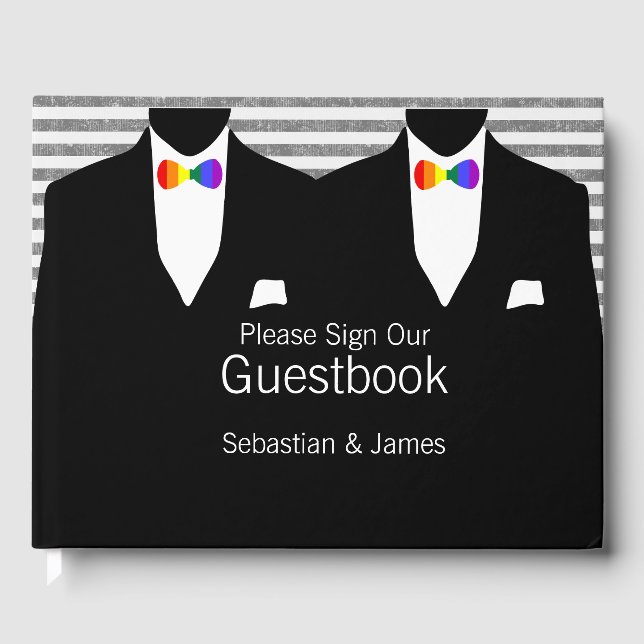 Mr and Mr Suit Rainbow Bow Ties Gay Wedding Custom Guest Book (Front)