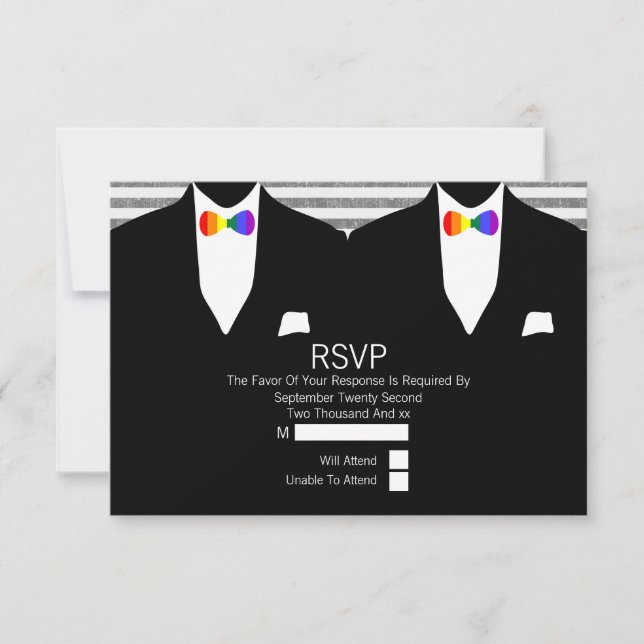 Mr and Mr Suit Rainbow Bow Ties Gay Wedding RSVP Card (Front)