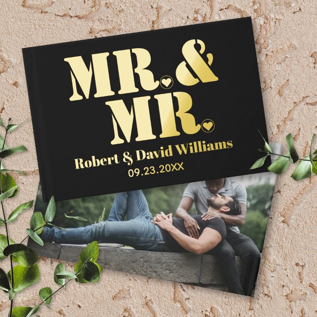 Mr. and Mr. typography black gay wedding photo Guest Book (Creator Uploaded)