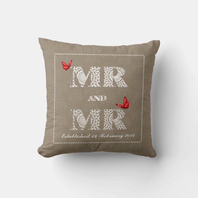Mr and Mr White Lace  Word Art  Red Butterflies Cushion (Front)